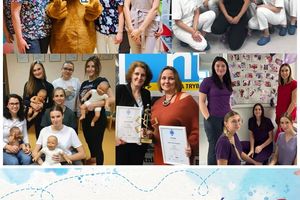 Zespół pracowników medycznych z dziećmi.