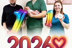 Rodzina z noworodkiem, balony z cyframi.